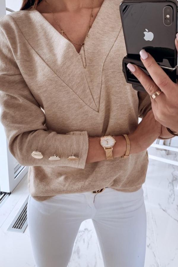 Long Sleeve Solid Color V Neck Casual Wear Blouse