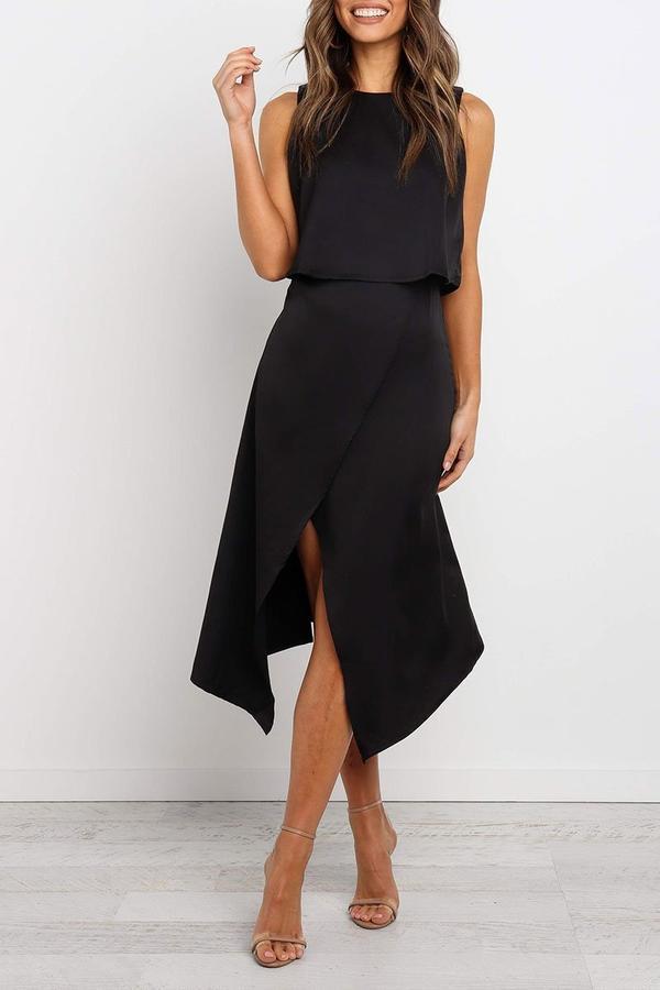 O Neck Split Black Midi Dress