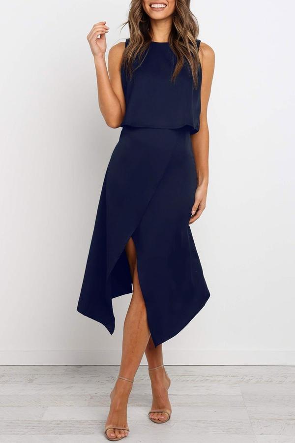 O Neck Split Black Midi Dress