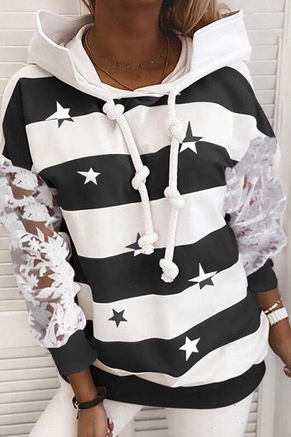 Lace Sleeve Stylish Striped Star Hooded Sweatshirt