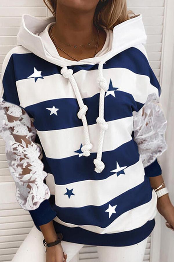 Lace Sleeve Stylish Striped Star Hooded Sweatshirt