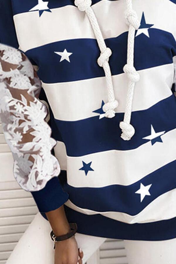 Lace Sleeve Stylish Striped Star Hooded Sweatshirt