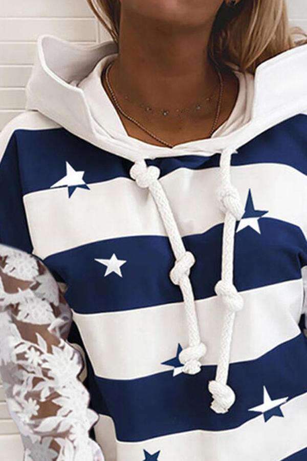 Lace Sleeve Stylish Striped Star Hooded Sweatshirt