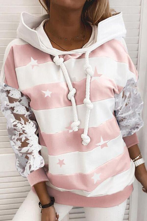 Lace Sleeve Stylish Striped Star Hooded Sweatshirt