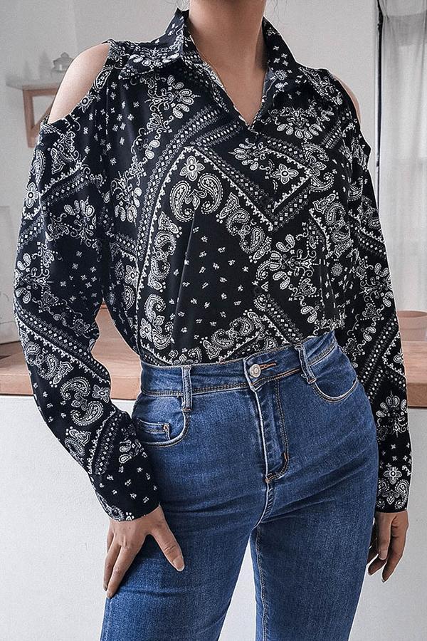 On-trend Abstract Print Shirt Collar Cutouts Shirt