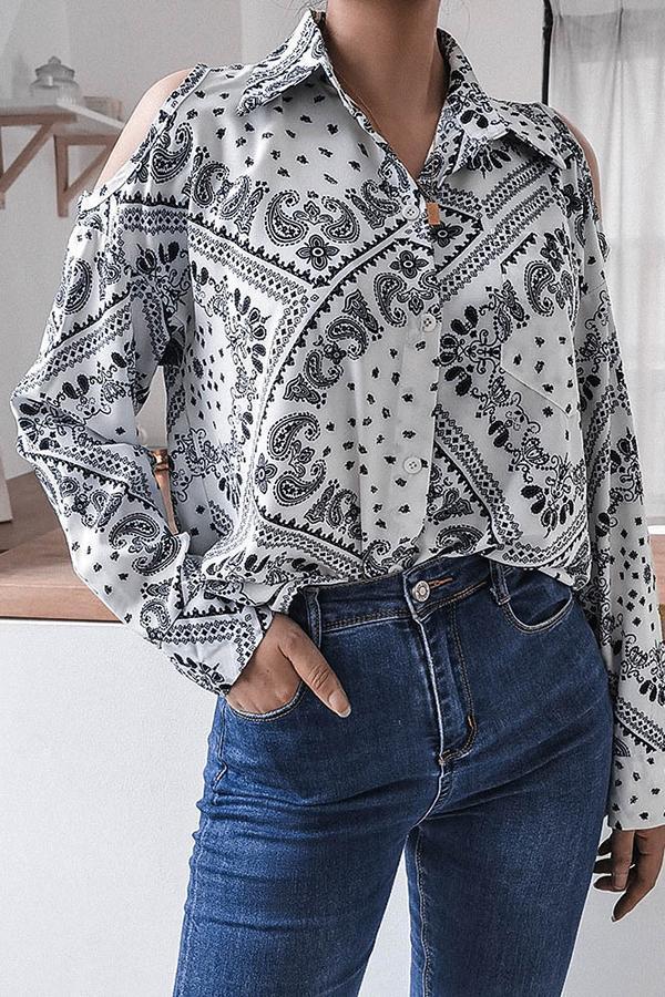 On-trend Abstract Print Shirt Collar Cutouts Shirt