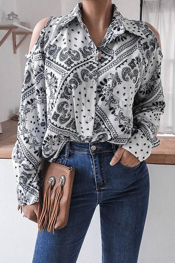 On-trend Abstract Print Shirt Collar Cutouts Shirt