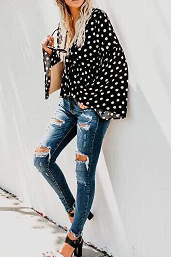 Relaxed Flower Print Draped V Neck Blouse