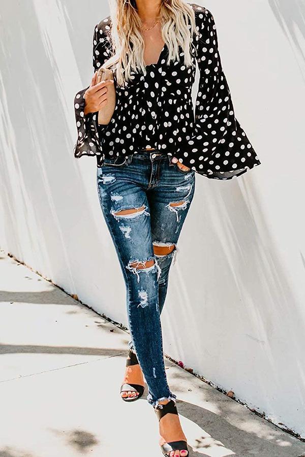 Relaxed Flower Print Draped V Neck Blouse