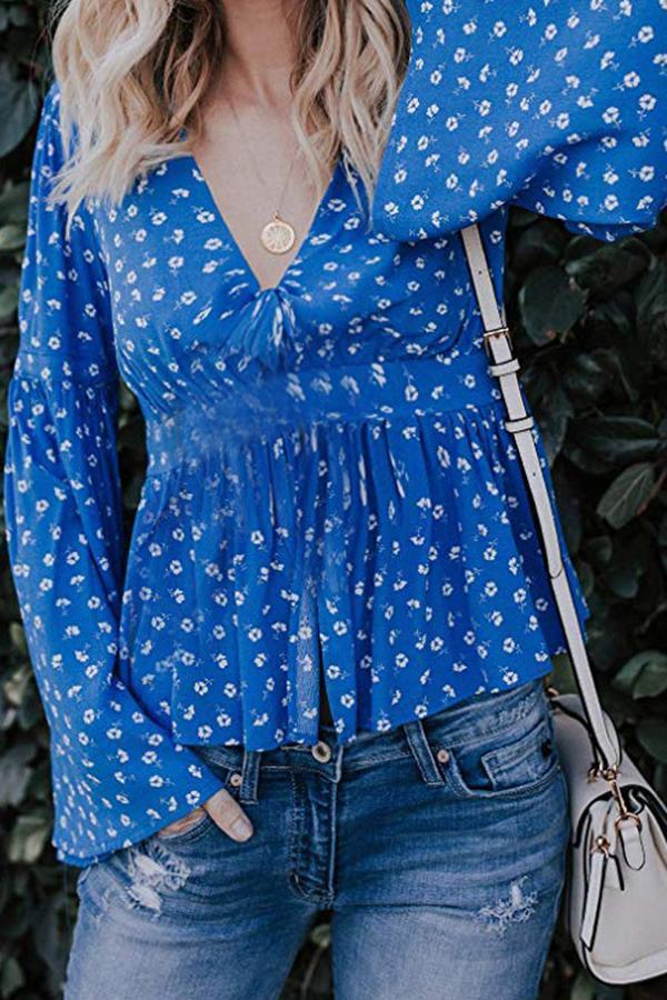 Relaxed Flower Print Draped V Neck Blouse