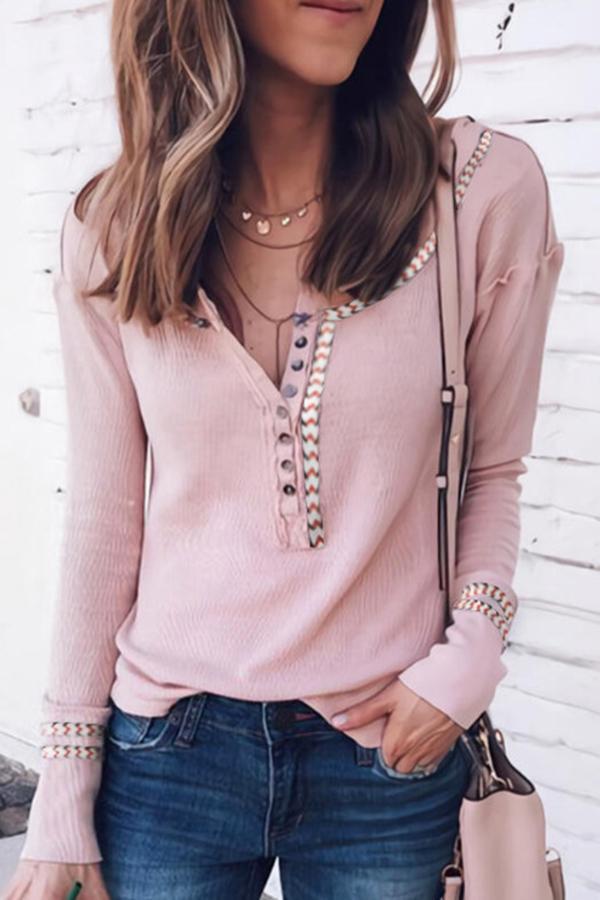 Sweet Long Sleeve V Neck Solid Color Blouse