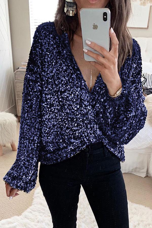 Modern Sequined Deep V Neck Solid Color Blouse