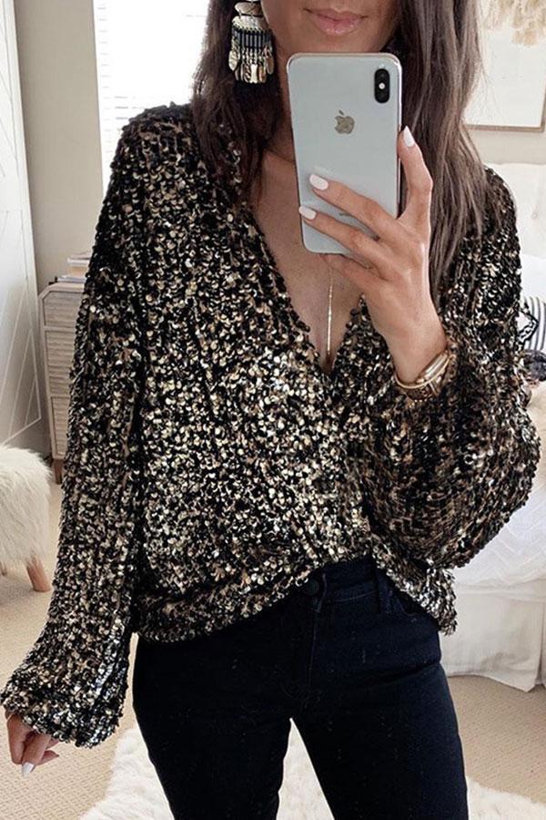 Modern Sequined Deep V Neck Solid Color Blouse