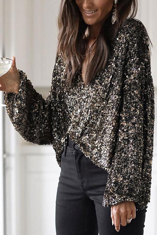 Modern Sequined Deep V Neck Solid Color Blouse