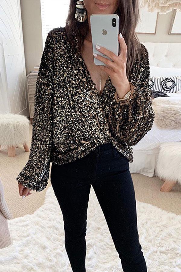 Modern Sequined Deep V Neck Solid Color Blouse