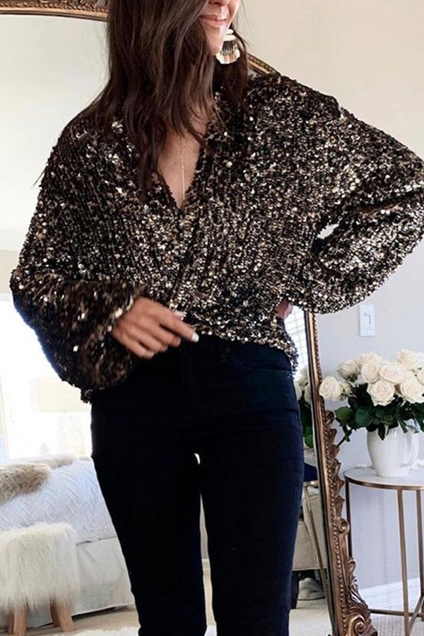 Modern Sequined Deep V Neck Solid Color Blouse