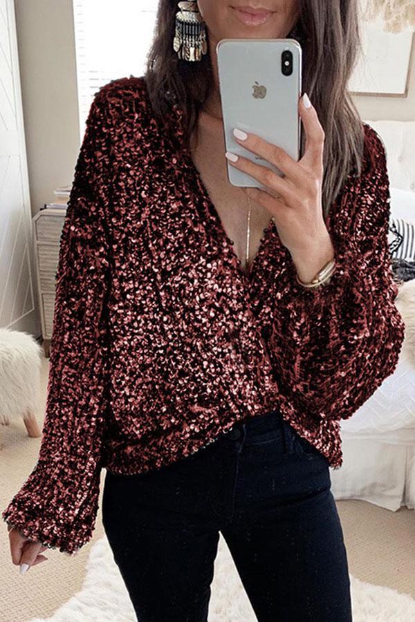 Modern Sequined Deep V Neck Solid Color Blouse