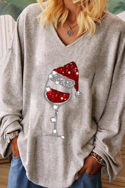 Modern Round Neck Plain Baggy Long Sleeve Sequined Blouse