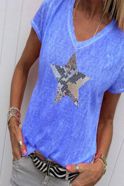 Classic Star Sequined Round Neck Short Sleeve T-Shirt