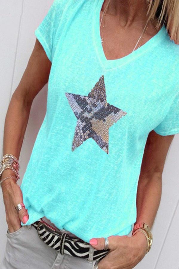 Classic Star Sequined Round Neck Short Sleeve T-Shirt