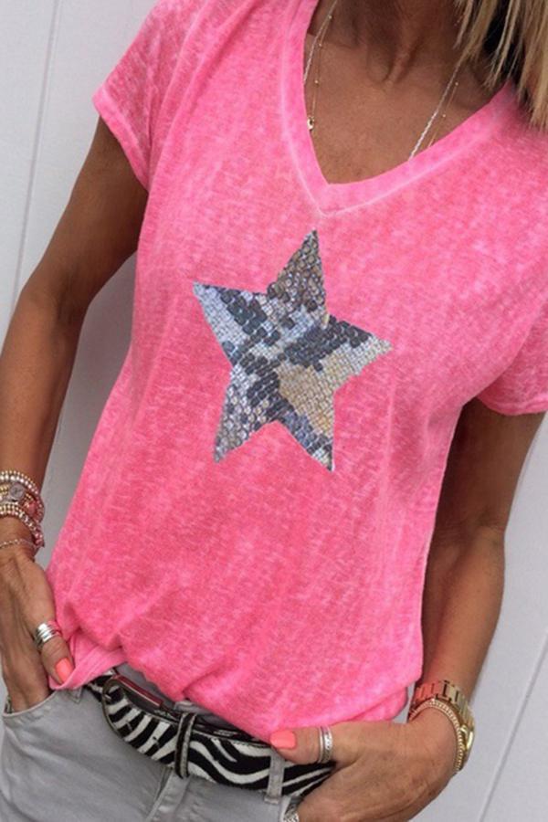 Classic Star Sequined Round Neck Short Sleeve T-Shirt