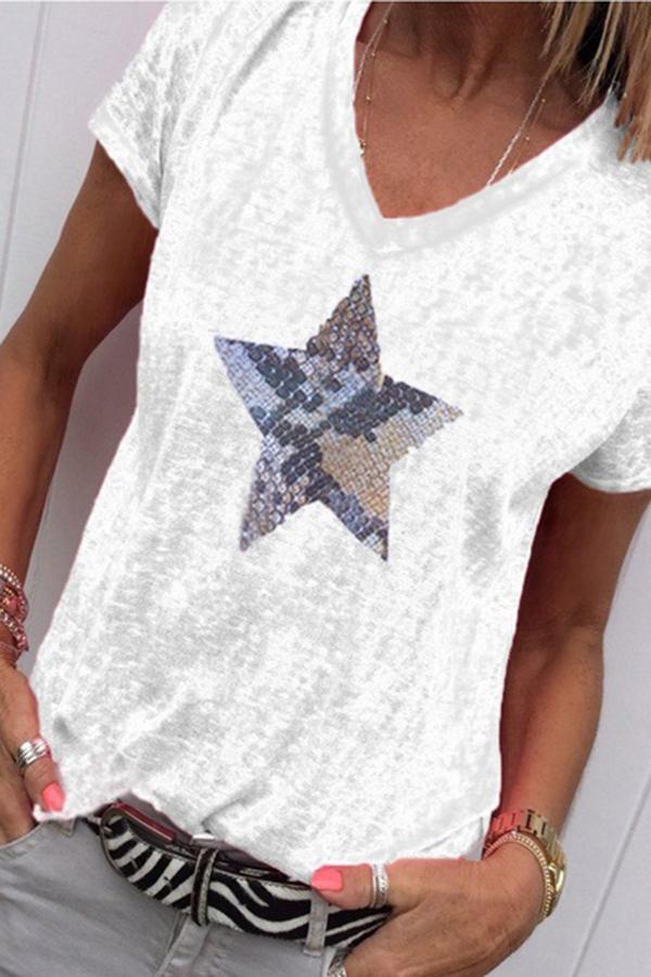 Classic Star Sequined Round Neck Short Sleeve T-Shirt