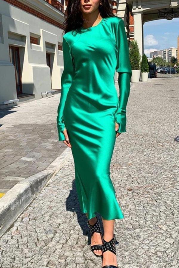 On-trend Solid Color Skinny Fit Long Sleeve Maxi Dress