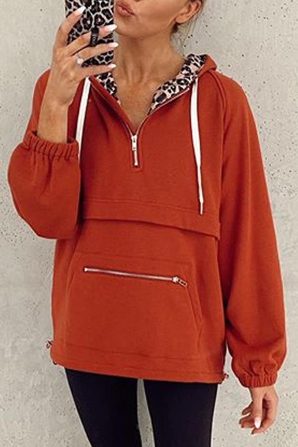 On-trend Plain Leopard Print Baggy Hoodie Sweatshirt