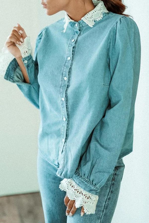 Feminine Solid Color Lace Tailored Shirt