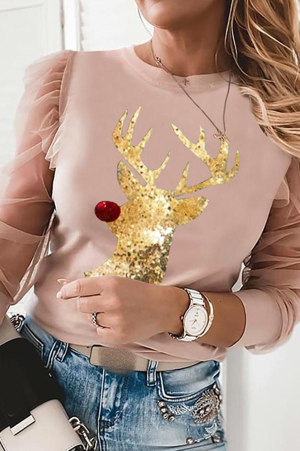 Modern Flower Print Sequined Reindeer Tailored Blouse