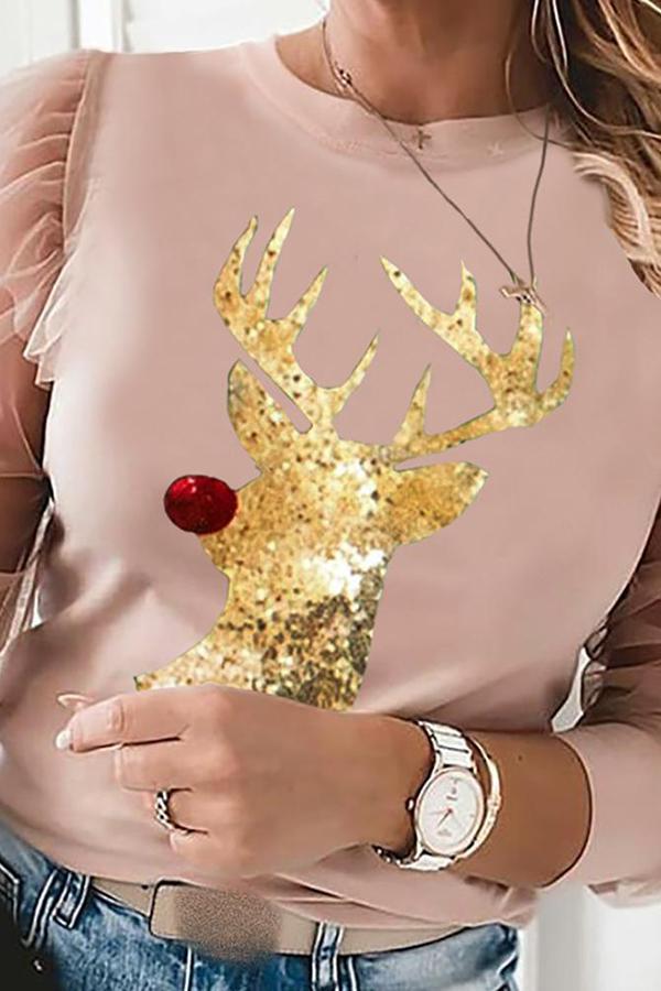 Modern Flower Print Sequined Reindeer Tailored Blouse