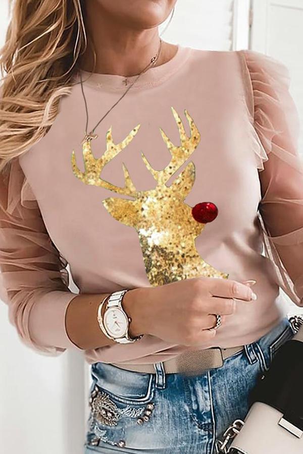 Modern Flower Print Sequined Reindeer Tailored Blouse