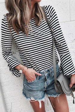 Boho Plain Pinstripe Round Neck Tailored Blouse