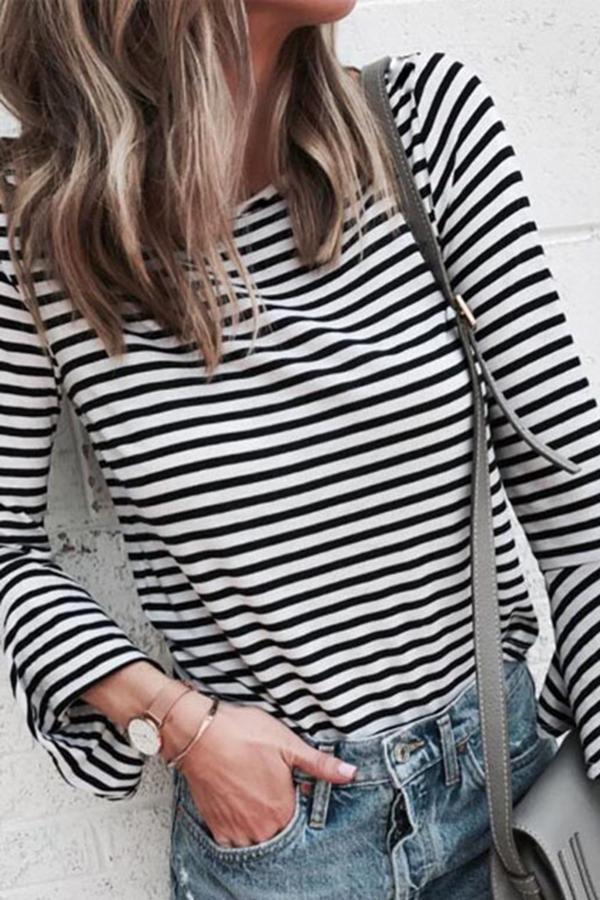 Boho Plain Pinstripe Round Neck Tailored Blouse