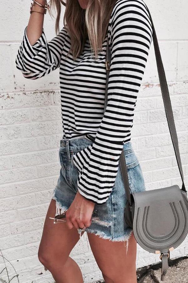 Boho Plain Pinstripe Round Neck Tailored Blouse