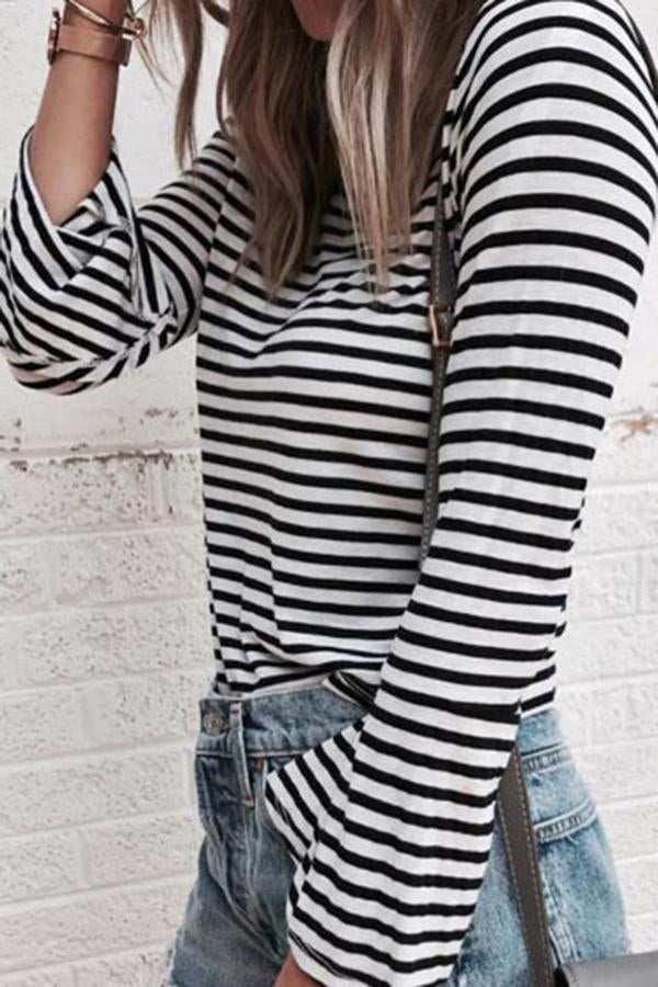 Boho Plain Pinstripe Round Neck Tailored Blouse