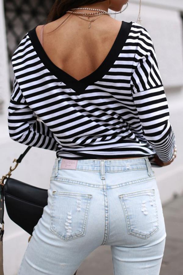 Classic Pinstripe Plain V Neck Tailored Blouse