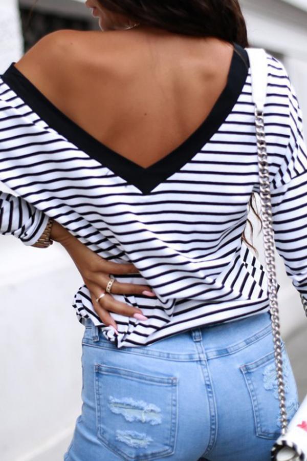 Classic Pinstripe Plain V Neck Tailored Blouse