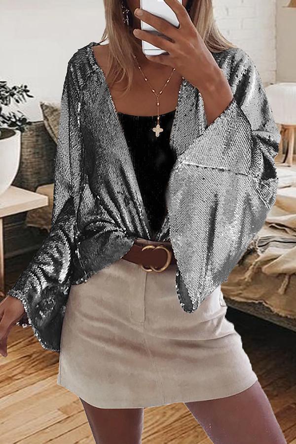 Sexy Sequined Solid Color Tailored Blouse