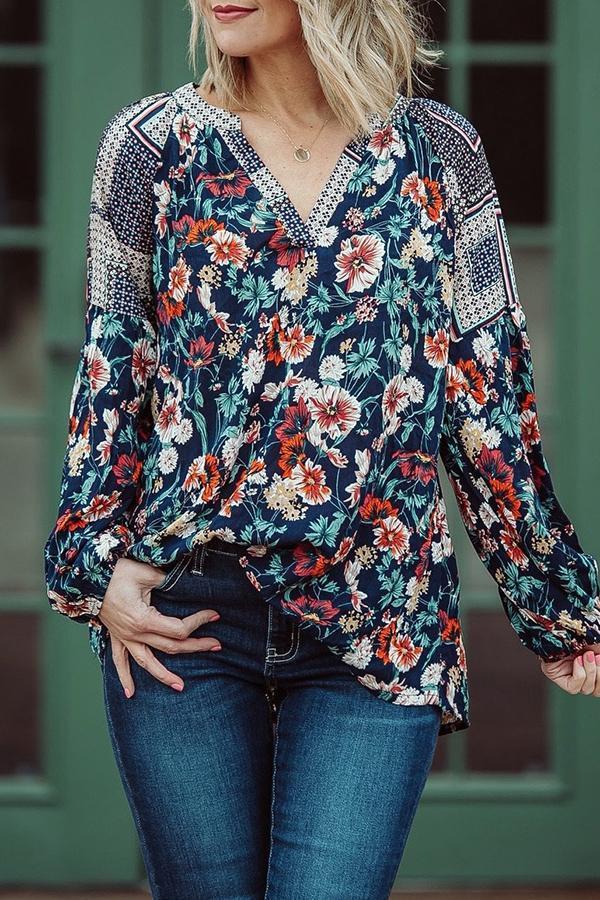 Feminine Patchwork Flower Print V Neck Blouse