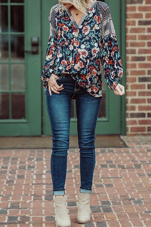 Feminine Patchwork Flower Print V Neck Blouse