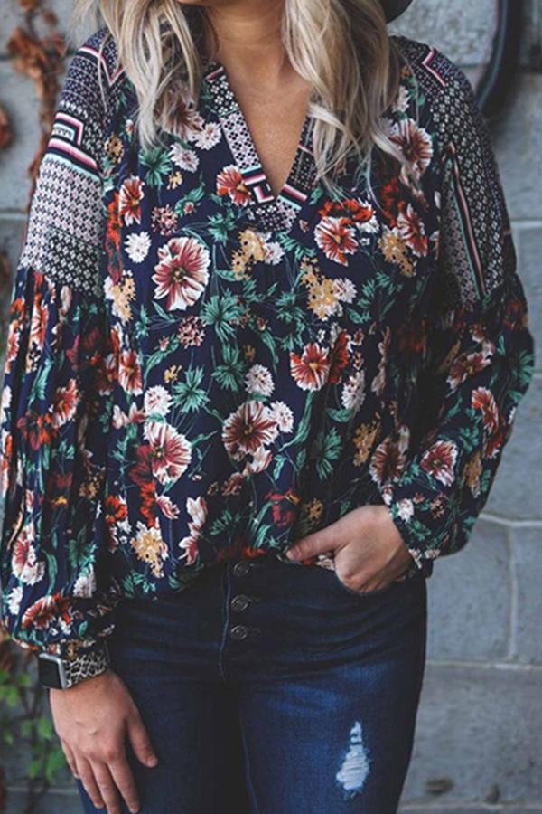 Feminine Patchwork Flower Print V Neck Blouse