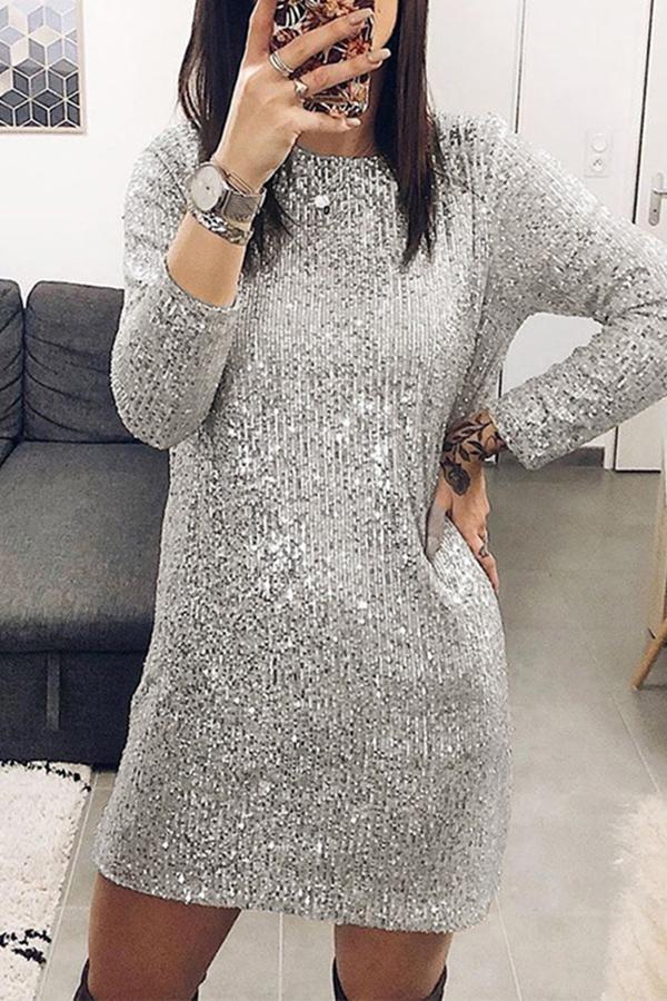 Stylish Vanguard Sliver Sequins Print Long Sleeve Dress