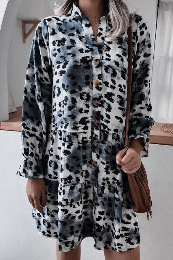 Luxe Stylish Leopard Tie Dye Flared Sleeves Draw Back A-line Midi Dress