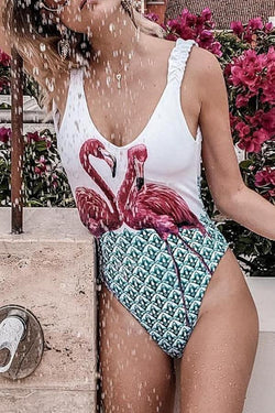 Smart Flamingo Print Flounce Sleeve Siamese Bikini