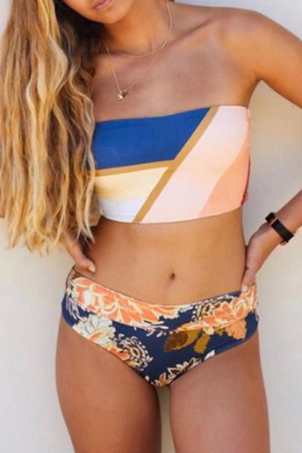 Stylish Smart Color Splice Pattern Print Tube Top Split Bikini