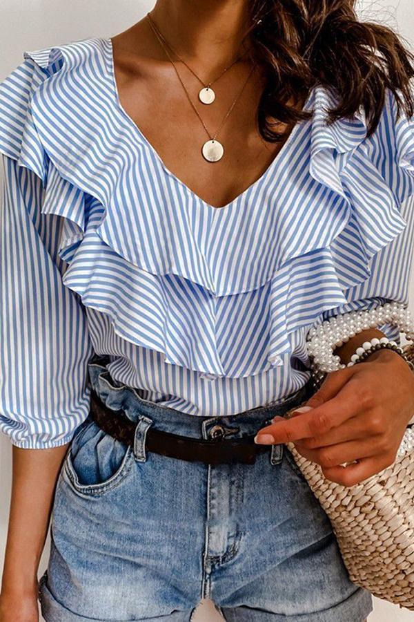 Urban Temperament Striped Print Pleated Style Deep V-neck Top