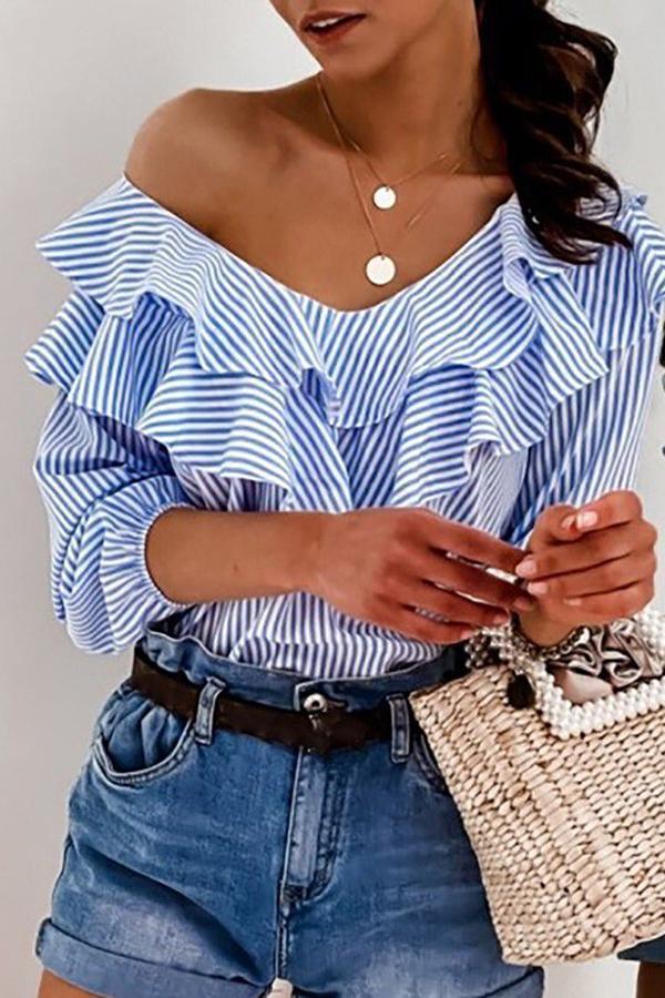 Urban Temperament Striped Print Pleated Style Deep V-neck Top