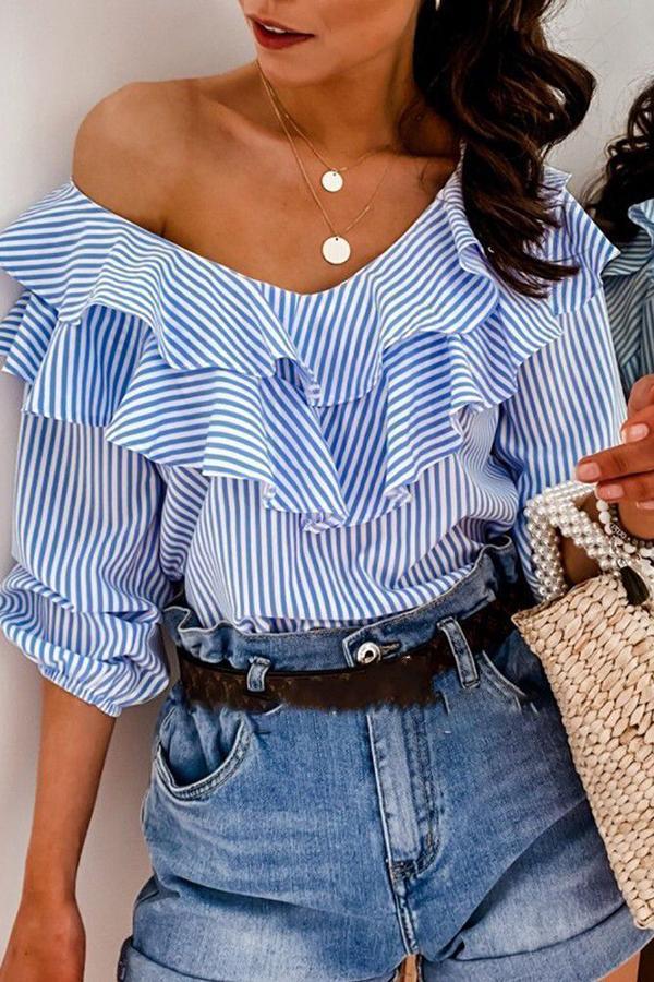 Urban Temperament Striped Print Pleated Style Deep V-neck Top