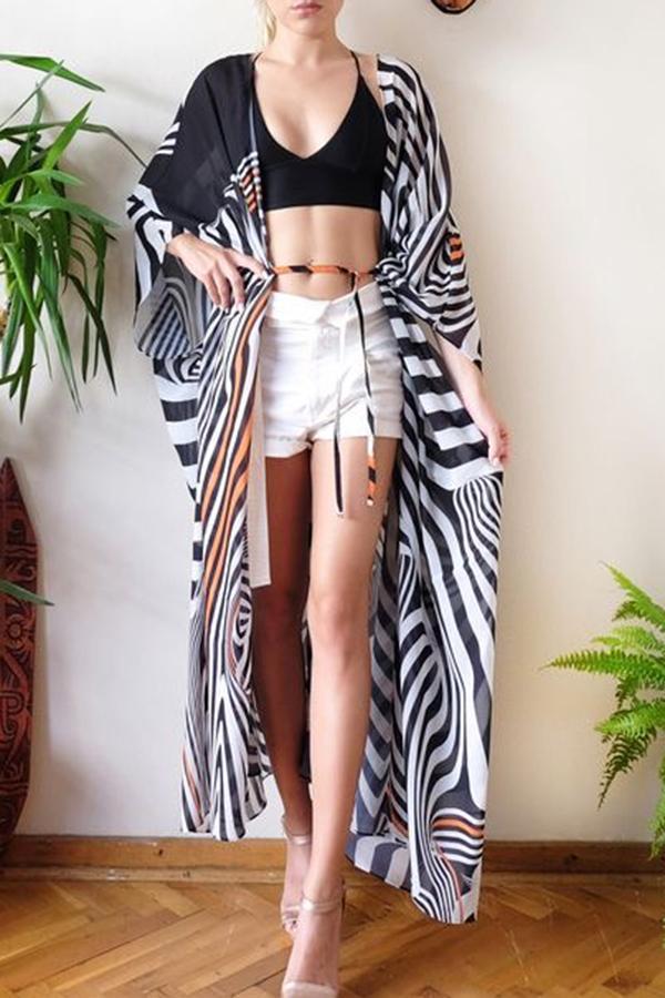 Modern Casual Chiffon Black&White Stripe Sun Protection Smock